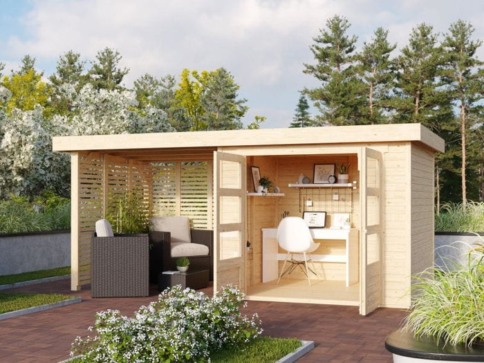 Karibu Gartenhaus Askola 3 mit Anbaudach 2,4 m mit Lamellenwänden