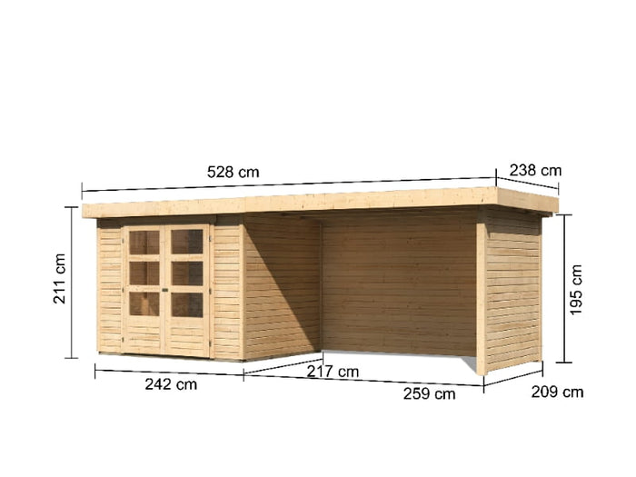 Karibu Gartenhaus Askola 3 mit Anbaudach 2,75 Meter, Seiten- und Rückwand