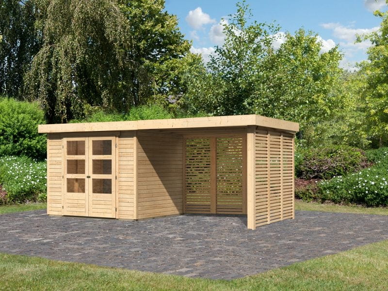 Karibu Gartenhaus Askola 3 mit Anbaudach 2,80 m, Seiten- und Rückwand in Lamellenoptik