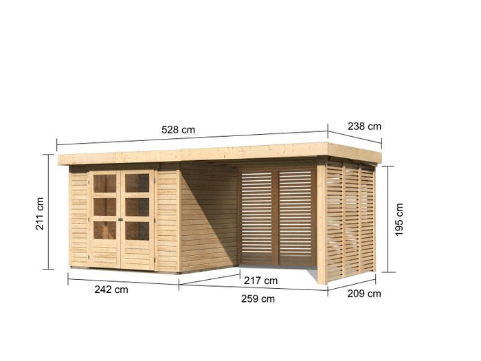 Karibu Gartenhaus Askola 3 mit Anbaudach 2,80 m, Seiten- und Rückwand in Lamellenoptik