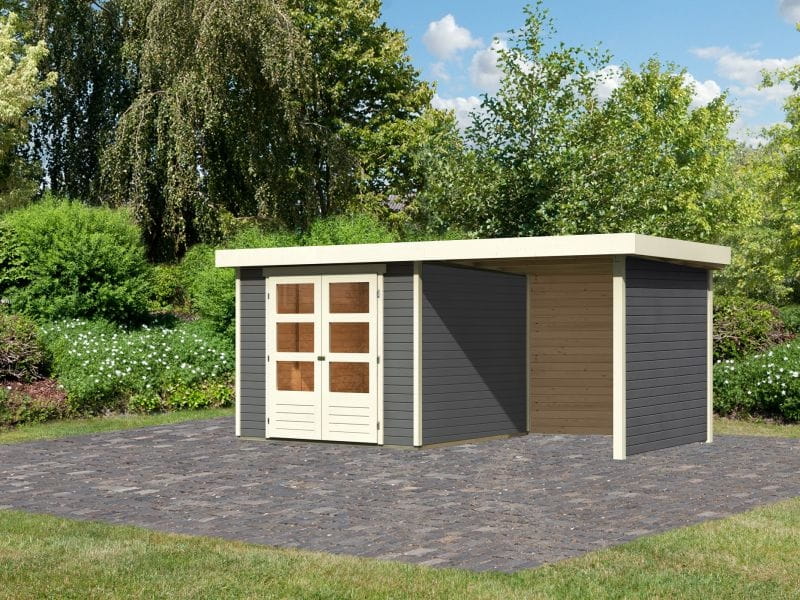Karibu Gartenhaus Askola 3,5 mit Anbaudach 2,25 Meter, Seiten- und Rückwand in terragrau