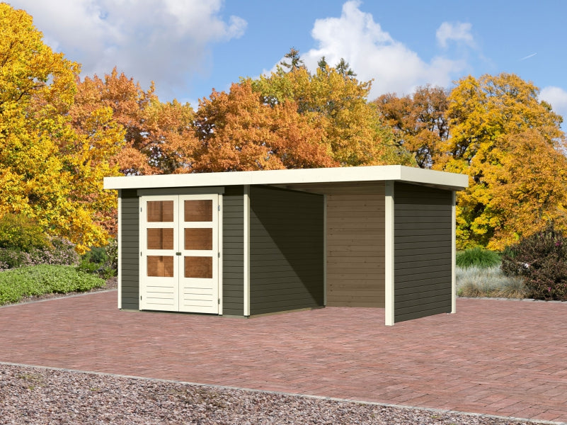 Karibu Gartenhaus Askola 3,5 mit Anbaudach 2,25 Meter, Seiten- und Rückwand in terragrau