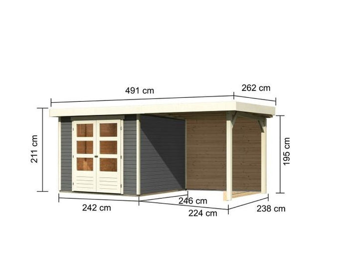 Karibu Gartenhaus Askola 3,5 mit Anbaudach 2,4 m, Rückwand, terragrau