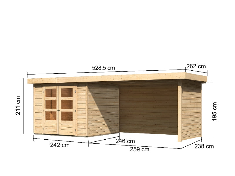 Karibu Gartenhaus Askola 3,5 mit Anbaudach 2,75 Meter, Seiten- und Rückwand