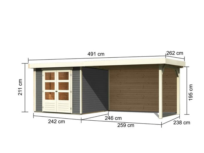 Karibu Gartenhaus Askola 3,5 mit Anbaudach 2,8 m, Rückwand in terragrau
