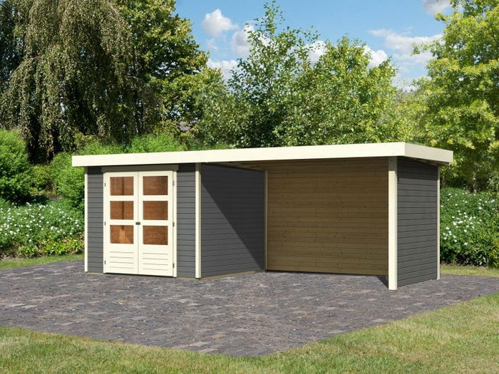 Karibu Gartenhaus Askola 3,5 mit Anbaudach 2,8 Meter, Seiten- und Rückwand in terragrau