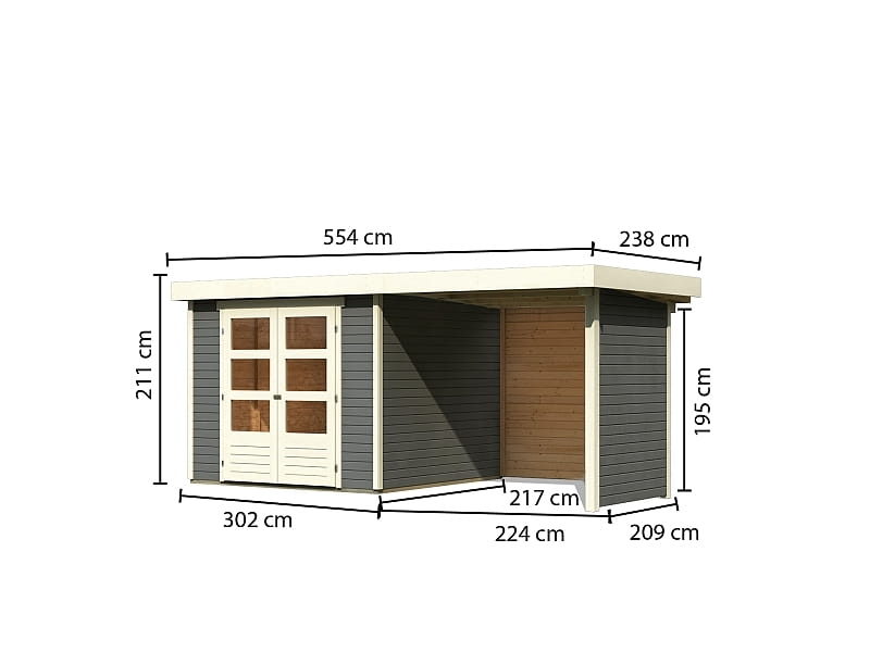 Karibu Gartenhaus Askola 4 in terragrau mit Anbaudach 2,40 Meter inkl. Rück-und Seitenwand