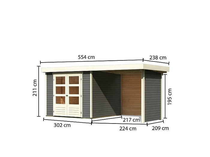 Karibu Gartenhaus Askola 4 in terragrau mit Anbaudach 2,40 Meter inkl. Rück-und Seitenwand