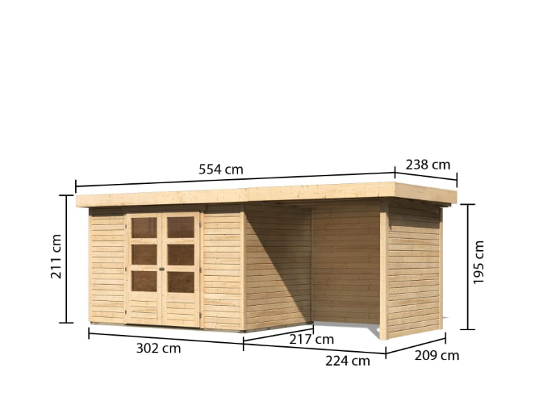 Karibu Gartenhaus Askola 4 mit Anbaudach 2,25 Meter, Seiten- und Rückwand