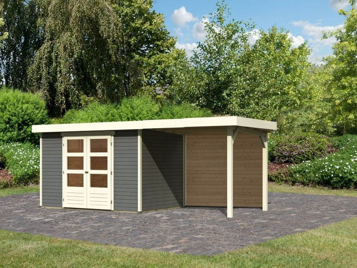 Karibu Gartenhaus Askola 4 mit Anbaudach 2,4 Meter, Rückwand, terragrau