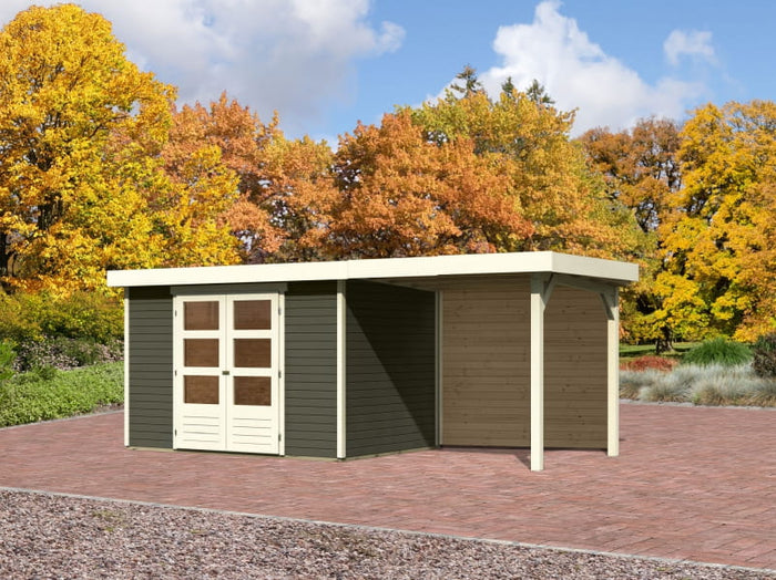 Karibu Gartenhaus Askola 4 mit Anbaudach 2,4 Meter, Rückwand, terragrau
