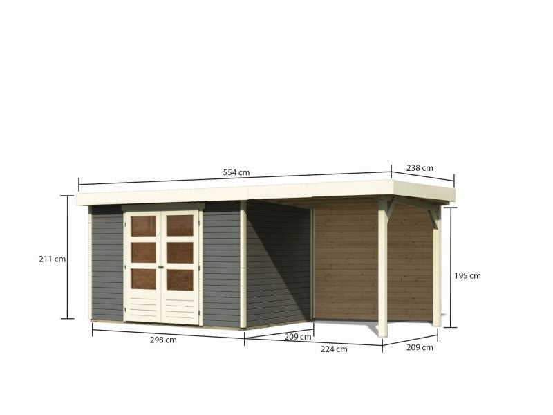 Karibu Gartenhaus Askola 4 mit Anbaudach 2,4 Meter, Rückwand, terragrau