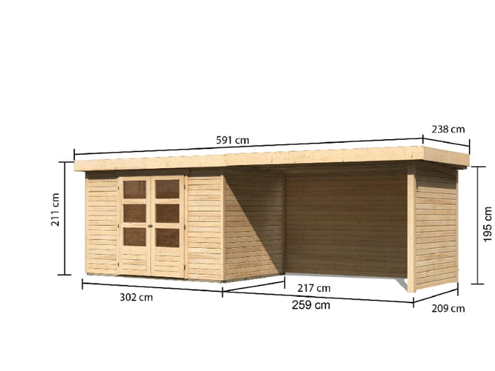 Karibu Gartenhaus Askola 4 mit Anbaudach 2,75 Meter, Seiten- und Rückwand