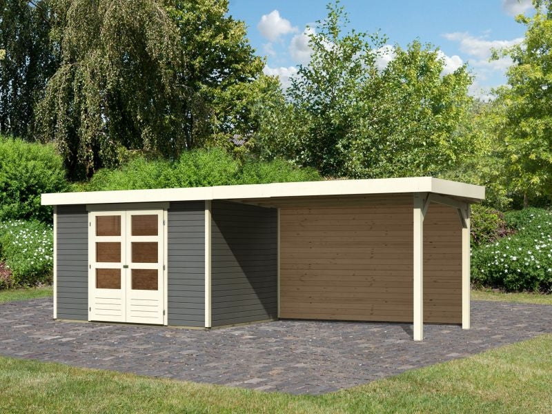 Karibu Gartenhaus Askola 4 mit Anbaudach 2,8 m mit Rückwand, terragrau