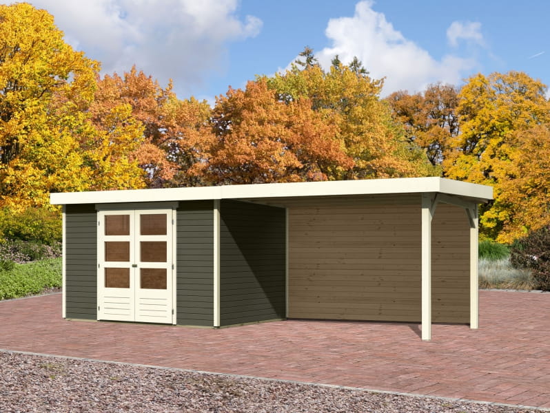 Karibu Gartenhaus Askola 4 mit Anbaudach 2,8 m mit Rückwand, terragrau
