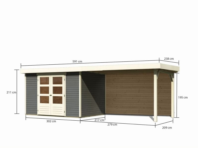 Karibu Gartenhaus Askola 4 mit Anbaudach 2,8 m mit Rückwand, terragrau