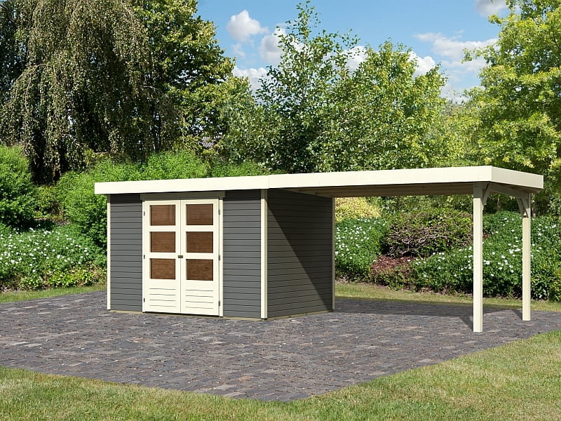 Karibu Gartenhaus Askola 4 terragrau mit Anbaudach 2,80 Meter