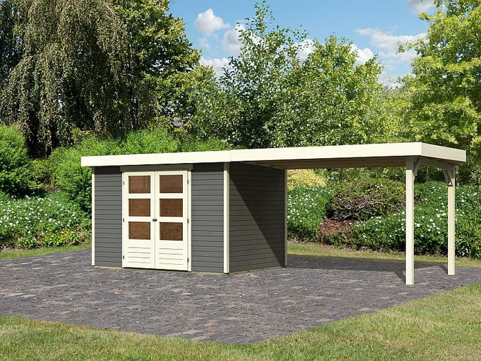 Karibu Gartenhaus Askola 4 terragrau mit Anbaudach 2,80 Meter