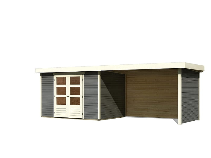 Karibu Gartenhaus Askola 4 terragrau mit Anbaudach 2,80 Meter inkl. Rück-und Seitenwand