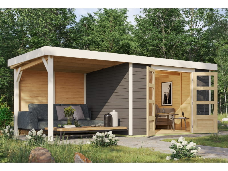 Karibu Gartenhaus Askola 5 mit Anbaudach 2,4 m, Rückwand in terragrau