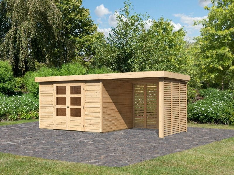 Karibu Gartenhaus Askola 5 mit Anbaudach 2,4 m, Lamellenwänden