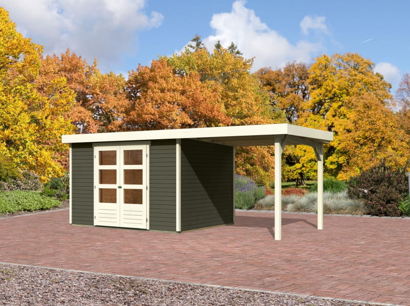 Karibu Gartenhaus Askola 5 mit Anbaudach 2,40 Meter terragrau