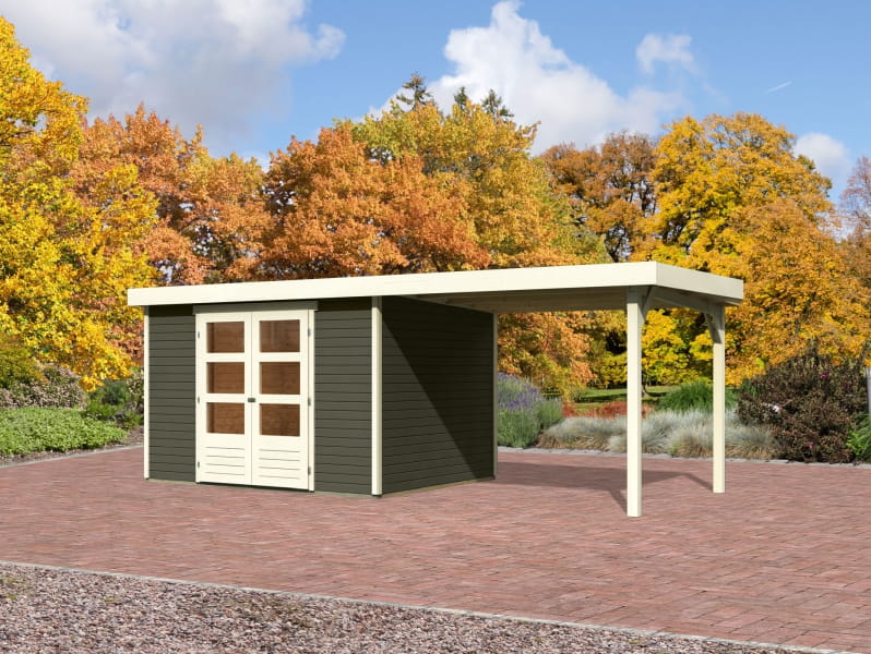 Karibu Gartenhaus Askola 5 mit Anbaudach 2,8 m in terragrau