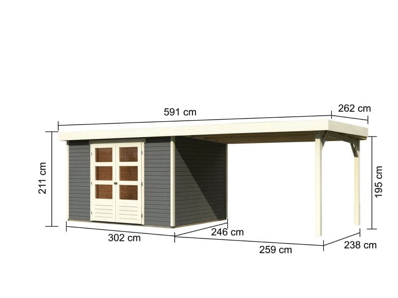 Karibu Gartenhaus Askola 5 mit Anbaudach 2,8 m in terragrau