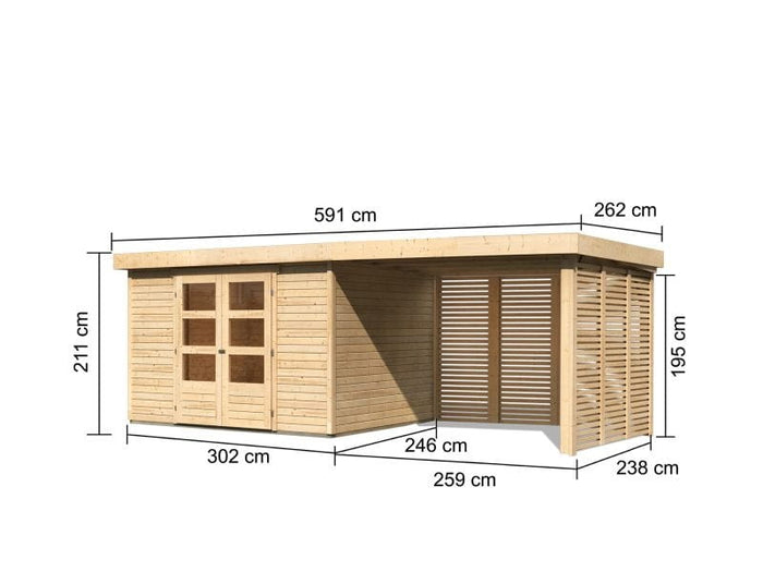Karibu Gartenhaus Askola 5 mit Anbaudach 2,8 m, Lamellenwände
