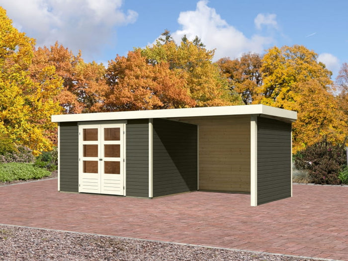 Karibu Gartenhaus Askola 5 mit Anbaudach 2,8 Meter, Seiten- und Rückwand, terragrau