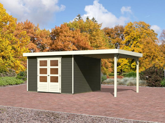 Karibu Gartenhaus Askola 6 in terragrau mit Anbaudach 2,4 Meter