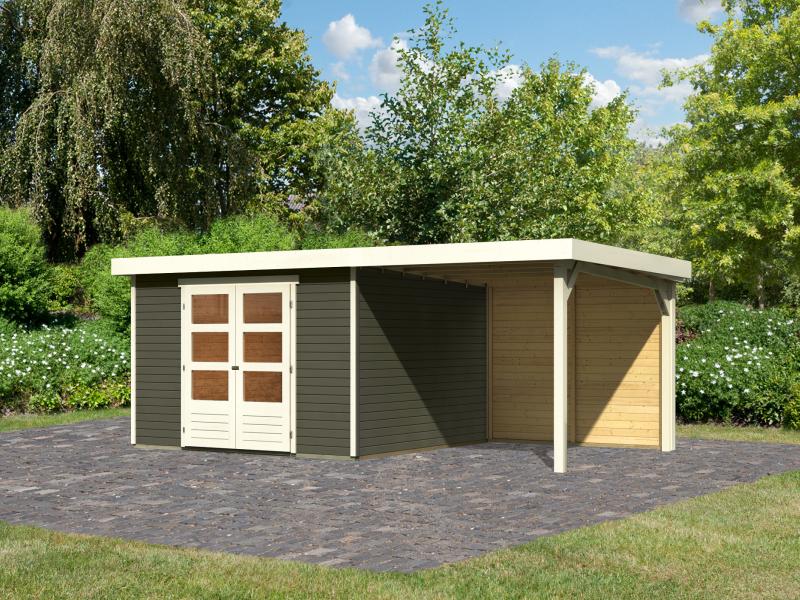 Karibu Gartenhaus Askola 6 in terragrau mit Anbaudach 2,4 Meter - Rückwand