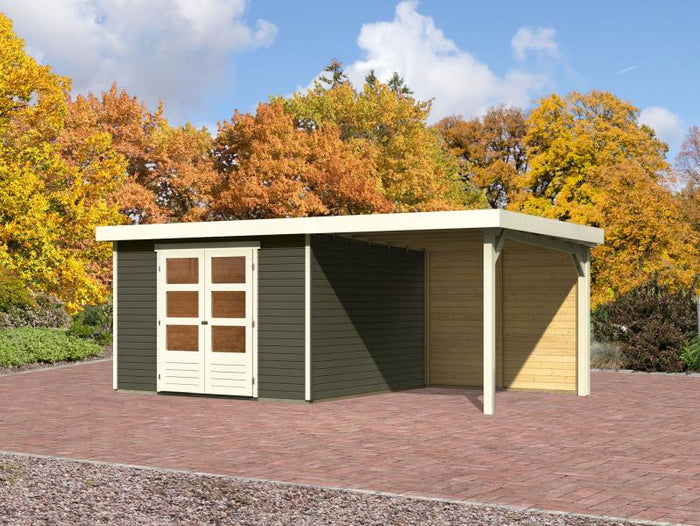 Karibu Gartenhaus Askola 6 in terragrau mit Anbaudach 2,4 Meter - Rückwand