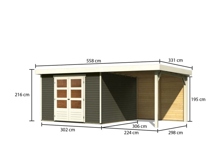 Karibu Gartenhaus Askola 6 in terragrau mit Anbaudach 2,4 Meter - Rückwand