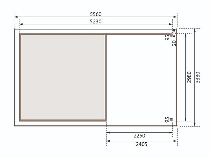 Karibu Gartenhaus Askola 6 in terragrau mit Anbaudach 2,4 Meter - Rückwand