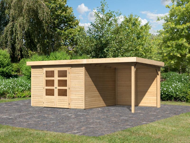 Karibu Gartenhaus Askola 6 natur mit Anbaudach 2,4 Meter - Rückwand