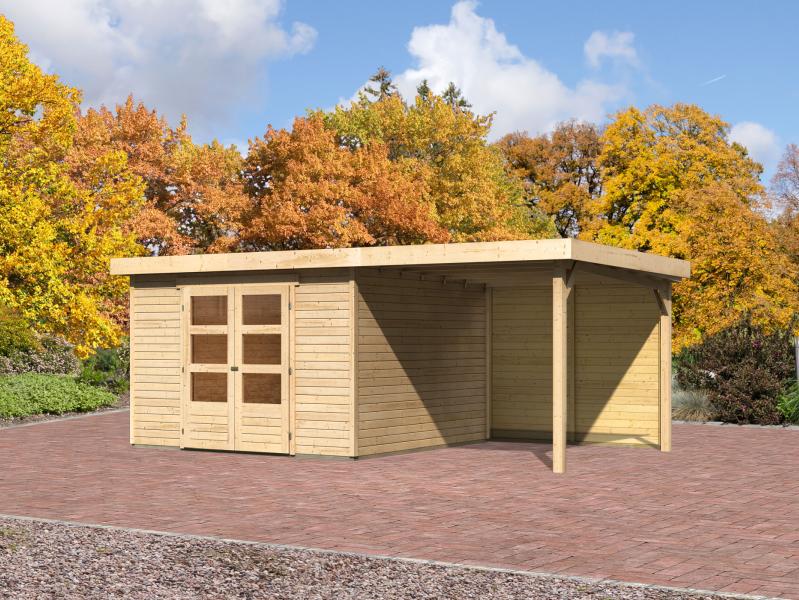 Karibu Gartenhaus Askola 6 natur mit Anbaudach 2,4 Meter - Rückwand