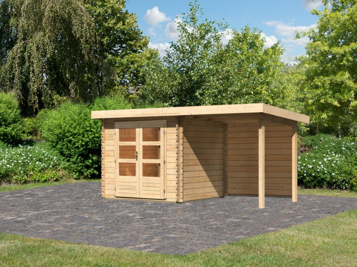 Karibu Gartenhaus Bastrup 2 mit Anbaudach 2 Meter inkl. Rückwand