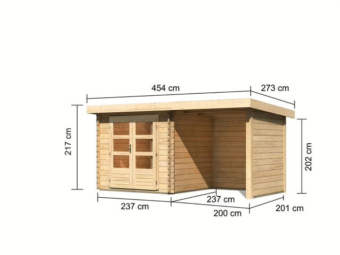 Karibu Gartenhaus Bastrup 2 mit Anbaudach 2 Meter, Seiten- und Rückwand