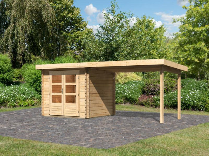 Karibu Gartenhaus Bastrup 2 mit Anbaudach 3 Meter natur