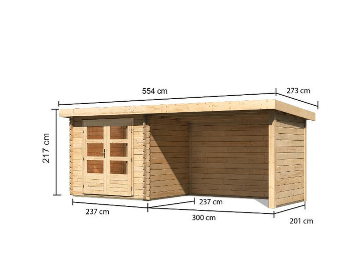 Karibu Gartenhaus Bastrup 2 mit Anbaudach 3 Meter inkl. Rück-und Seitenwand