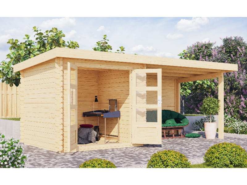 Karibu Gartenhaus Bastrup 2 mit Anbaudach 3 Meter inkl. Rückwand natur