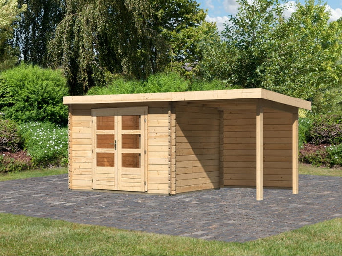 Karibu Gartenhaus Bastrup 3 mit Anbaudach 2 Meter inkl. Rückwand