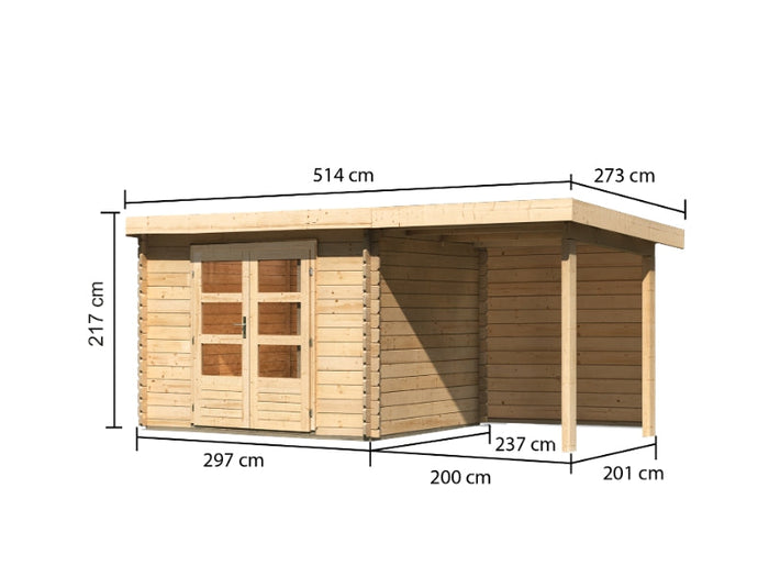 Karibu Gartenhaus Bastrup 3 mit Anbaudach 2 Meter inkl. Rückwand
