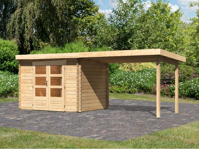 Karibu Gartenhaus Bastrup 3 mit Anbaudach 3 Meter natur