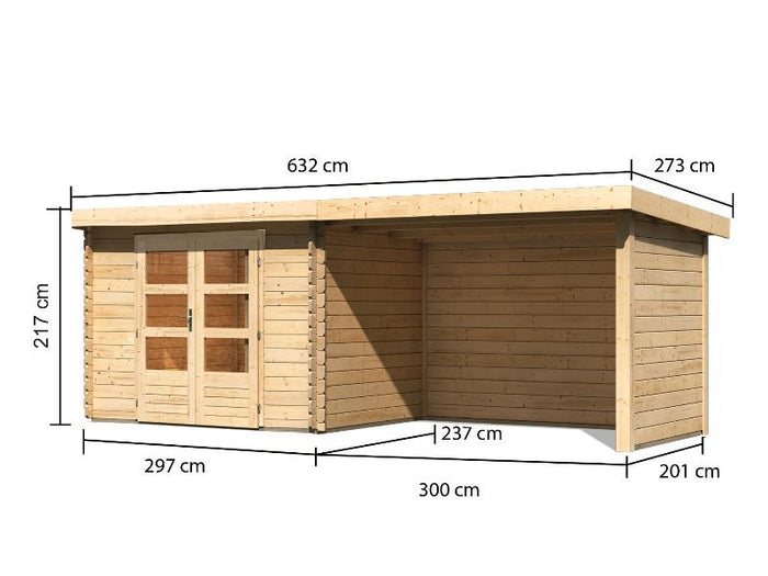 Karibu Gartenhaus Bastrup 3 mit Anbaudach 3 Meter inkl. Rück-und Seitenwand