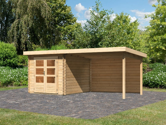 Karibu Gartenhaus Bastrup 4 mit Anbaudach 3 Meter inkl. Rückwand natur