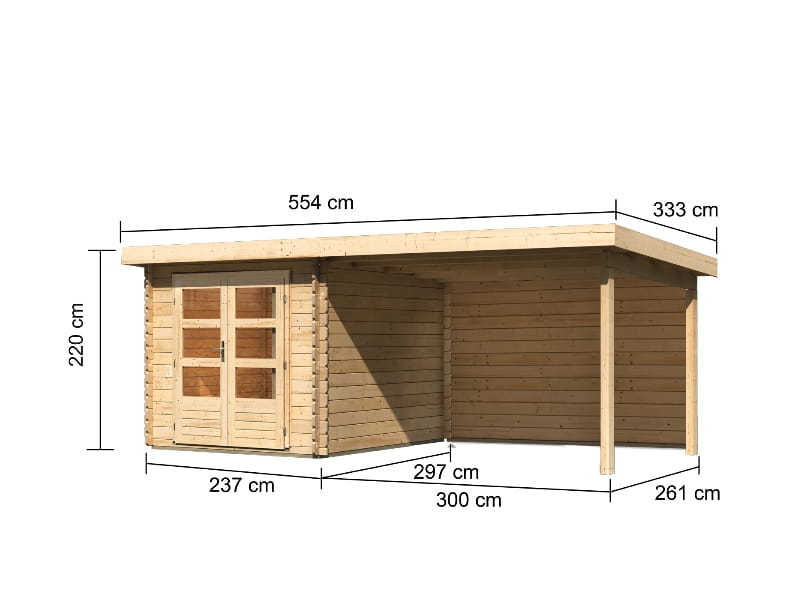 Karibu Gartenhaus Bastrup 4 mit Anbaudach 3 Meter inkl. Rückwand natur