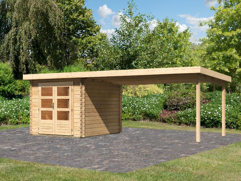 Karibu Gartenhaus Bastrup 4 mit Anbaudach 4 Meter natur