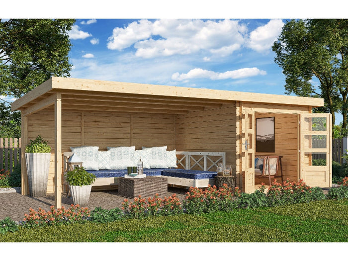 Karibu Gartenhaus Bastrup 4 mit Anbaudach 4 Meter inkl. Rückwand